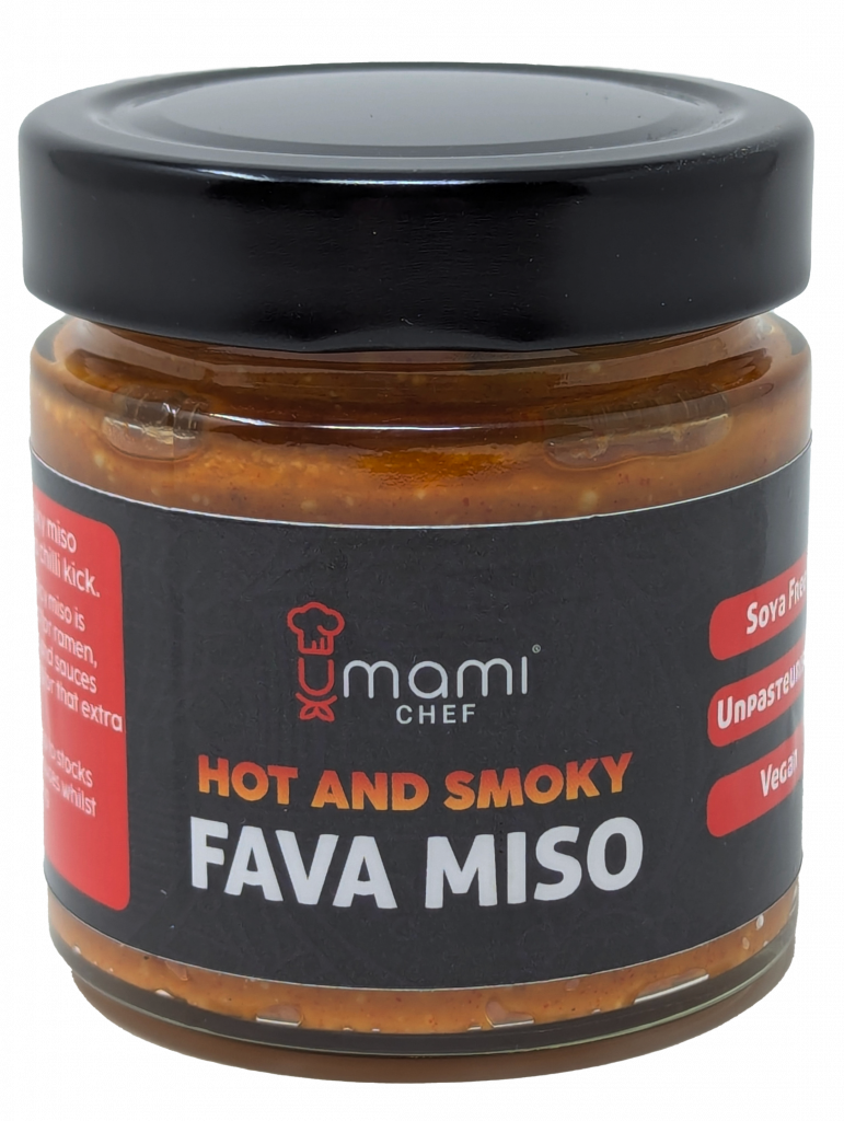 200g hot and smoky fava miso in a glass jar