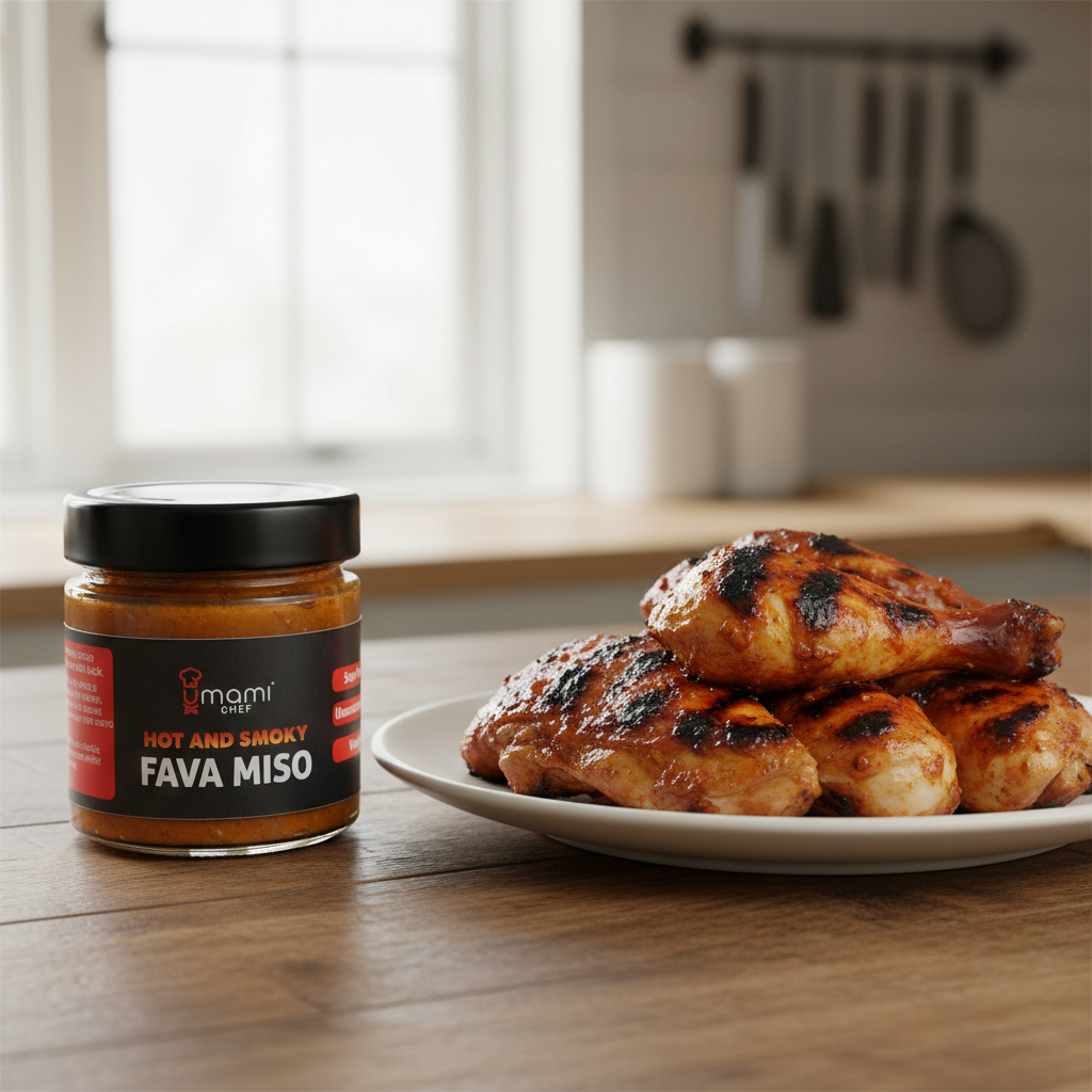 A jar of hot and smoky miso next to a plate of grilled chicken marinated in hot and smoky miso